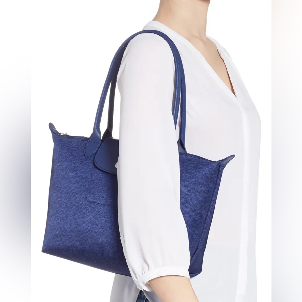LONGCHAMP Coup De Pinceau EW Tote Blue Striped Canvas Leather Trim Shoulder Bag - Picture 3 of 17